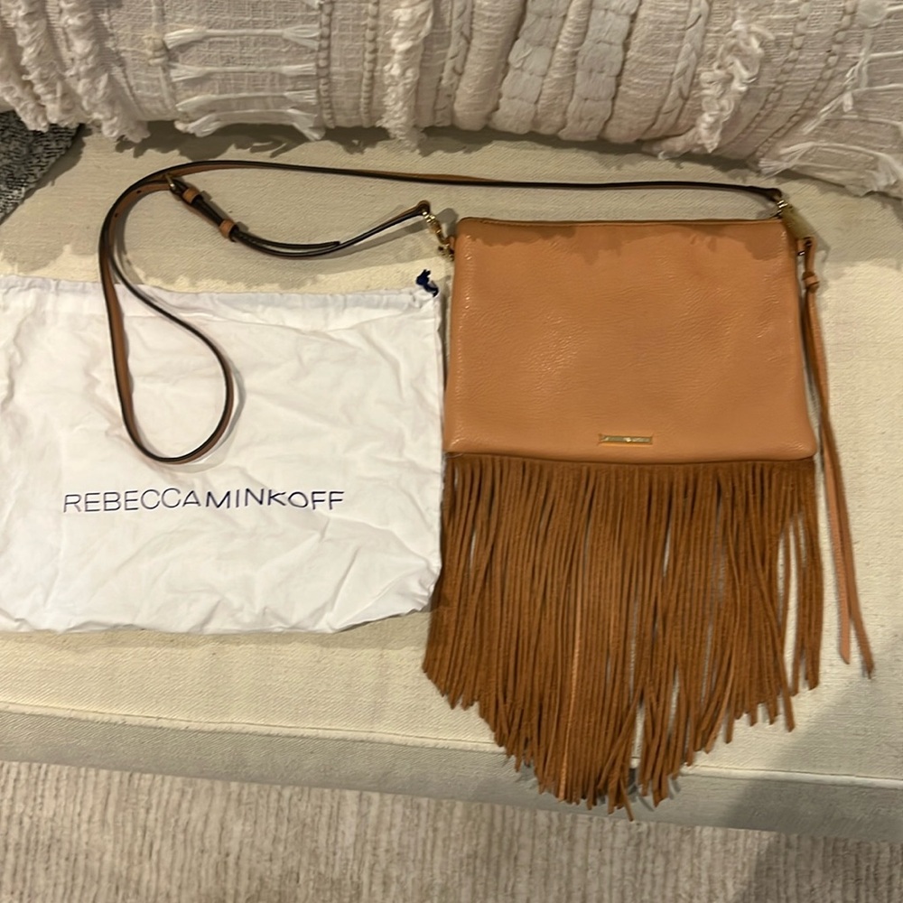 Rebecca Minkoff tan fringe crossbody with dust bag